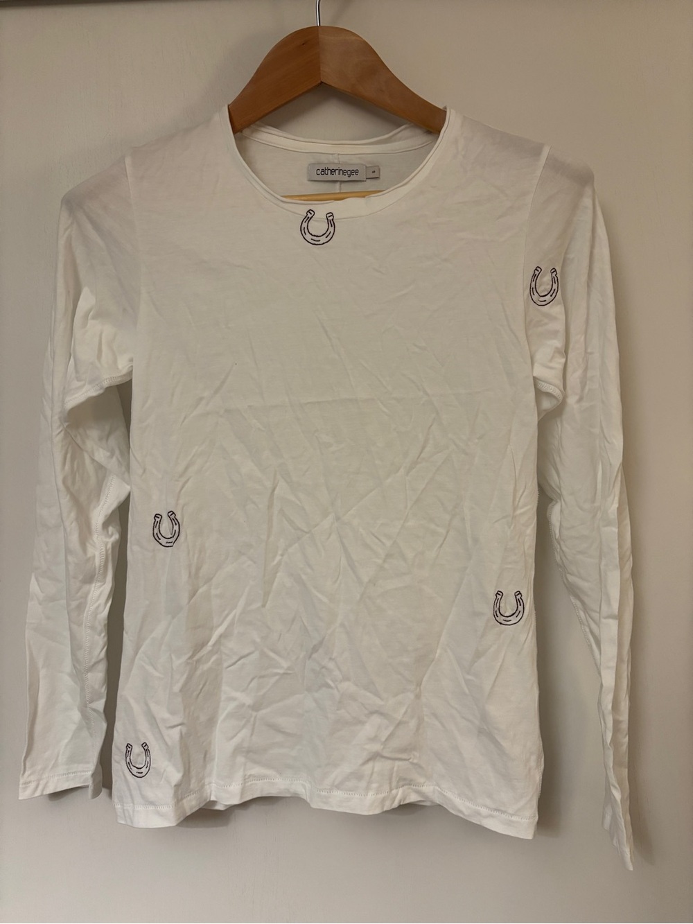 Catherine Gee White Horeshoe Long-Sleeve Tee Size Small Embroidered Americana - Picture 2 of 12